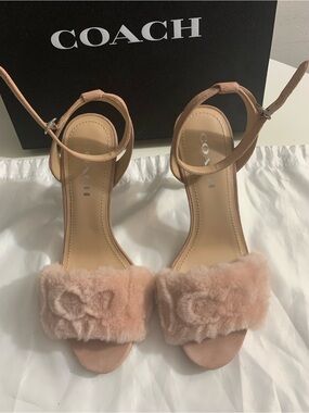Coach Blush Pink Suede Fur Strap Heeled Sandals